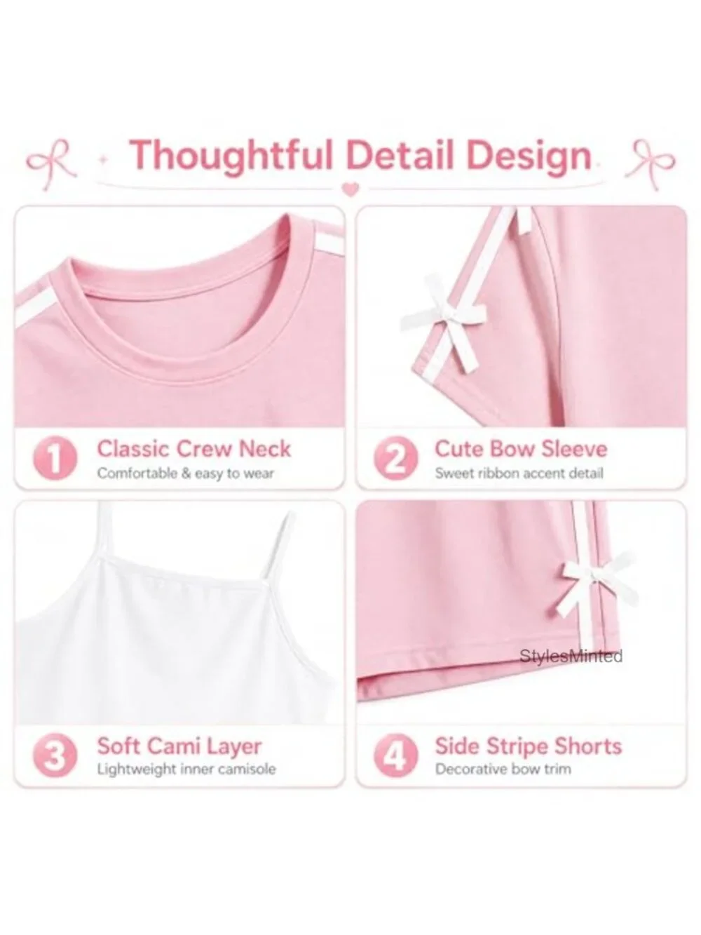 Girls 3 Piece Outfit Crop Top Cami Tank Shorts Bow Knot Summer Set Cotton Blend